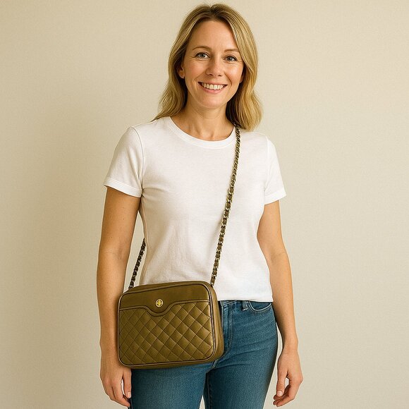Ganson Chic Leather Quilted Crossbody Bag - Gold - Picture 1 of 5